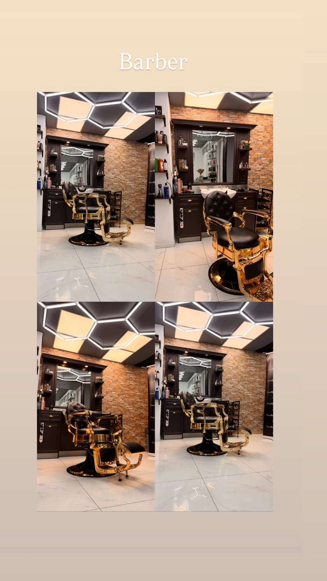 De zwart-gouden barberstoel voor de spiegelwand bij Pawlo
